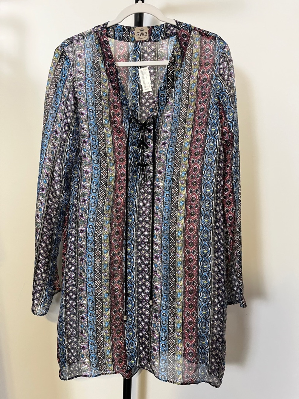 SW3 Bespoke Womens Silk Sheer Tunic Top Boho Lace Up Long Sleeve Purple Blue M